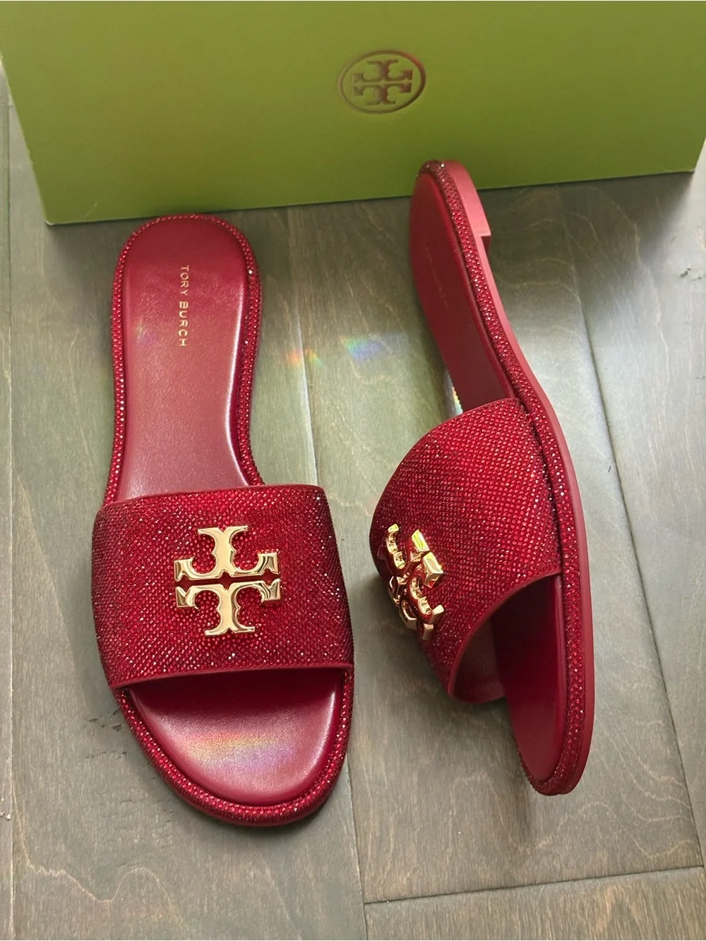 Tory Burch Everly  Red Crystal Logo Slide Sandals